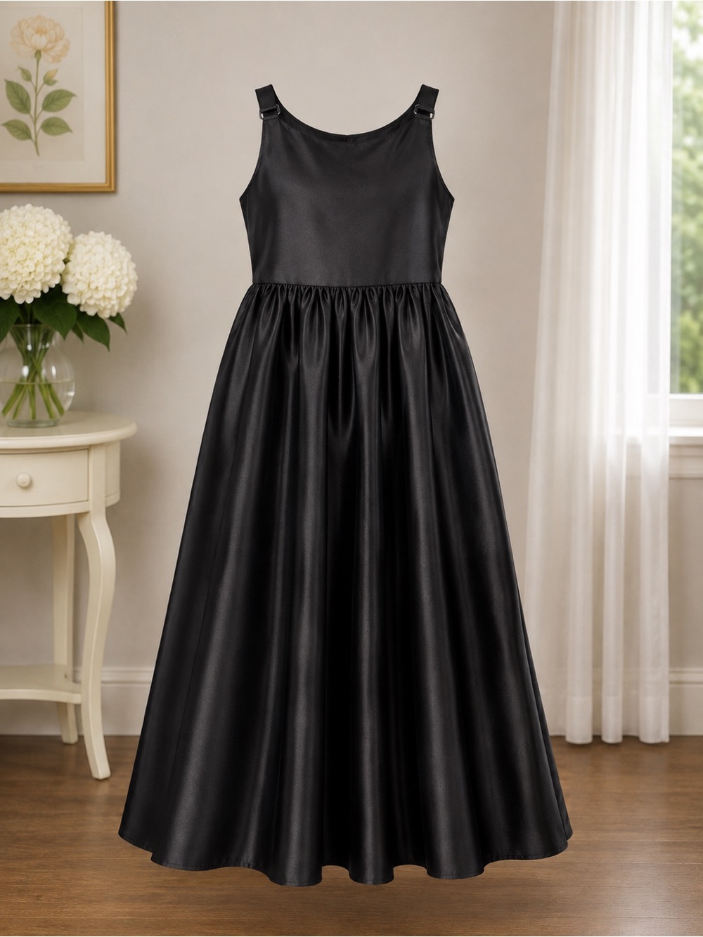 Girls Black Satin Full-Length Party Dress